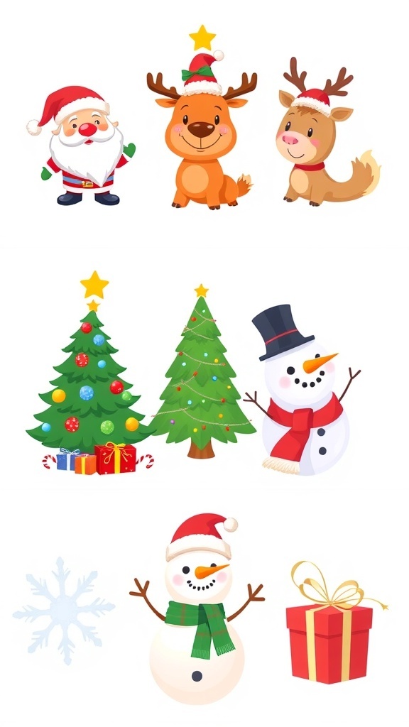 Christmas Matching Profile Pictures for 6 People A collection of six matching Christmas profile pictures featuring Santa, a reindeer, a Christmas tree, a snowman, a snowflake, and a gift box.